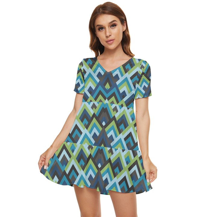 Trendy Chic Modern Chevron Pattern Tiered Short Sleeve Babydoll Dress