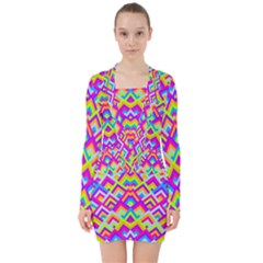 Colorful Trendy Chic Modern Chevron Pattern V-neck Bodycon Long Sleeve Dress by GardenOfOphir