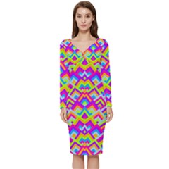 Colorful Trendy Chic Modern Chevron Pattern Long Sleeve V-neck Bodycon Dress  by GardenOfOphir