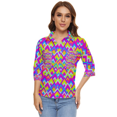 Colorful Trendy Chic Modern Chevron Pattern Women s Quarter Sleeve Pocket Shirt by GardenOfOphir