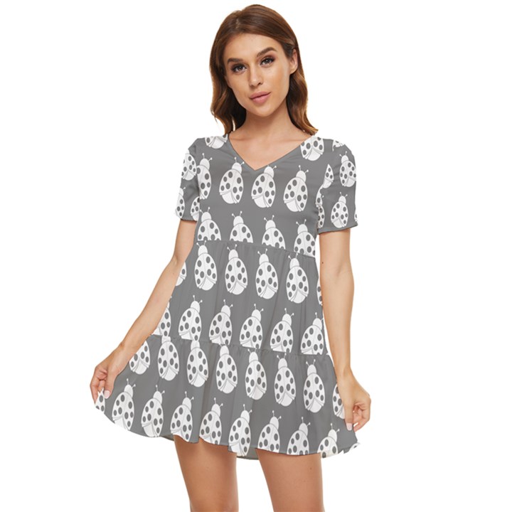 Ladybug Vector Geometric Tile Pattern Tiered Short Sleeve Babydoll Dress