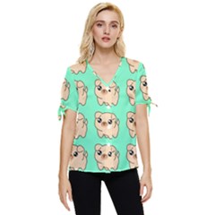 Puppy Pattern Dog Pet Bow Sleeve Button Up Top