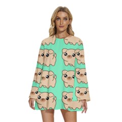 Puppy Pattern Dog Pet Round Neck Long Sleeve Bohemian Style Chiffon Mini Dress