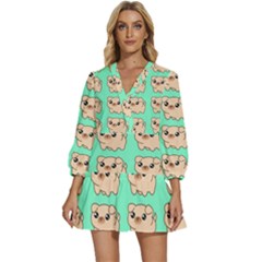 Puppy Pattern Dog Pet V-neck Placket Mini Dress