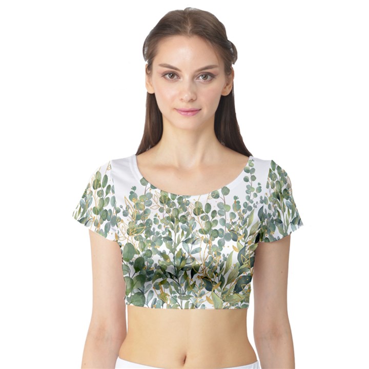 Gold And Green Eucalyptus Leaves Short Sleeve Crop Top