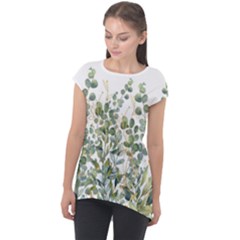 Gold And Green Eucalyptus Leaves Cap Sleeve High Low Top by Jack14