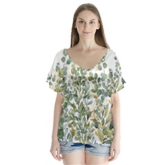 Gold And Green Eucalyptus Leaves V-neck Flutter Sleeve Top by Jack14