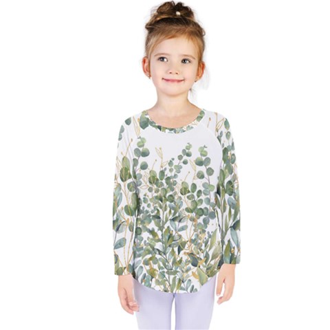 Gold And Green Eucalyptus Leaves Kids  Long Sleeve Tee by Jack14