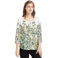 Gold And Green Eucalyptus Leaves Chiffon Quarter Sleeve Blouse by Jack14