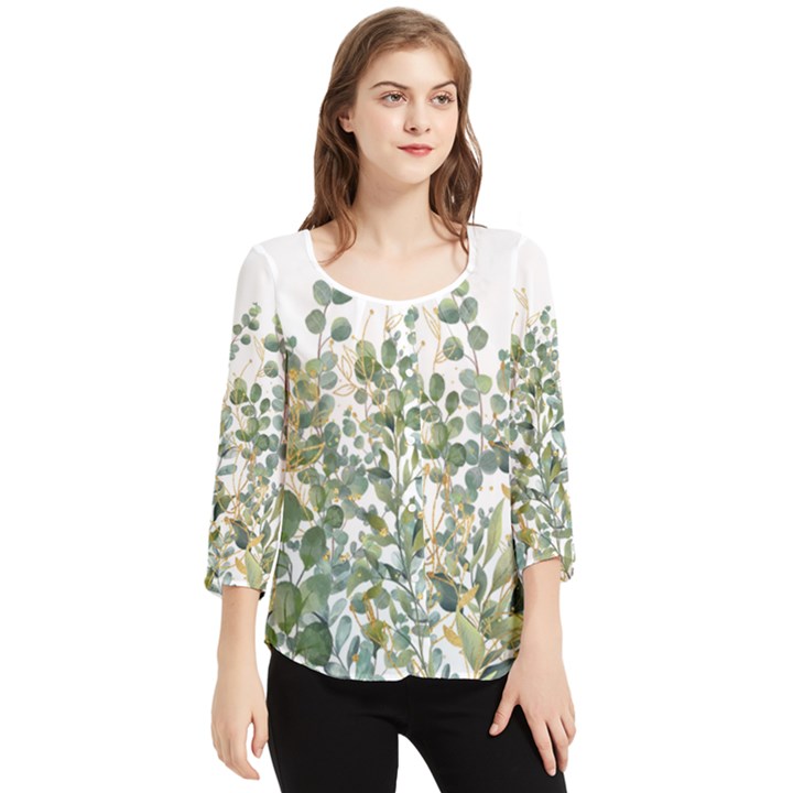 Gold And Green Eucalyptus Leaves Chiffon Quarter Sleeve Blouse