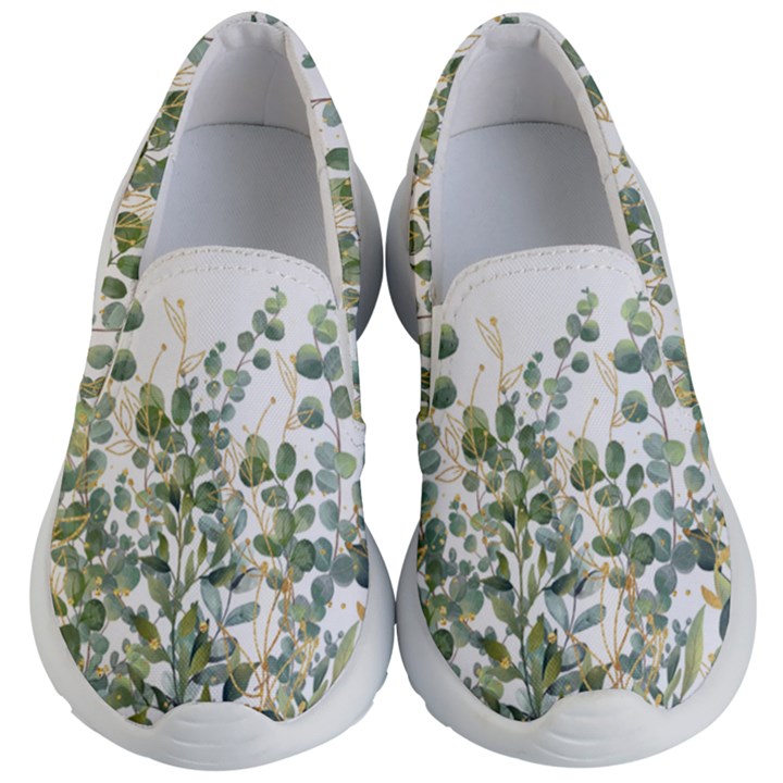 Gold And Green Eucalyptus Leaves Kids Lightweight Slip Ons