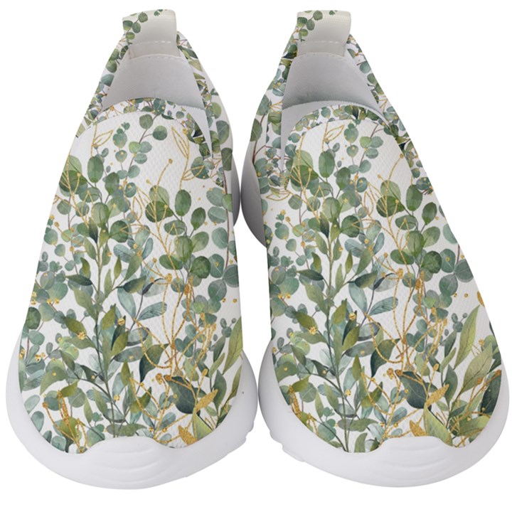 Gold And Green Eucalyptus Leaves Kids  Slip On Sneakers