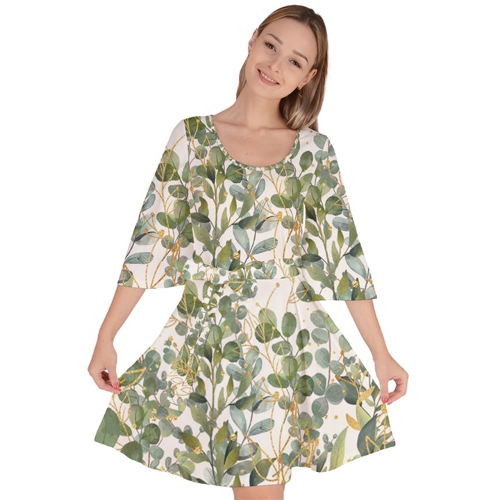 Gold And Green Eucalyptus Leaves Velour Kimono Dress