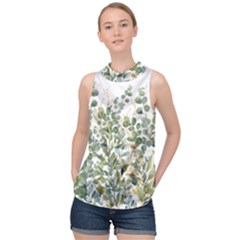 Gold And Green Eucalyptus Leaves High Neck Satin Top by Jack14