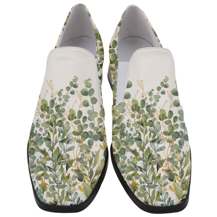 Gold And Green Eucalyptus Leaves Women Slip On Heel Loafers