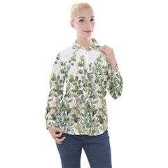 Gold And Green Eucalyptus Leaves Women s Long Sleeve Pocket Shirt