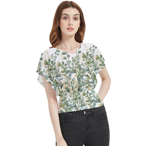 Gold And Green Eucalyptus Leaves Butterfly Chiffon Blouse by Jack14