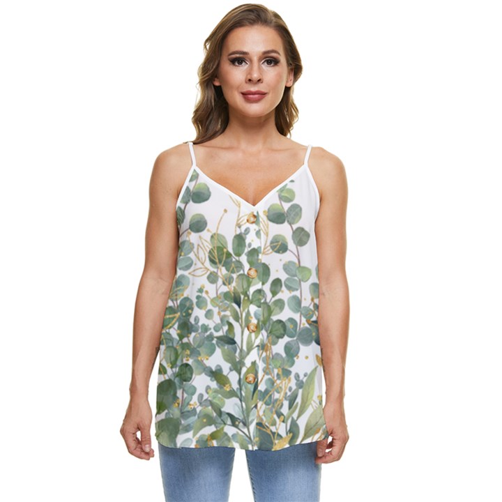 Gold And Green Eucalyptus Leaves Casual Spaghetti Strap Chiffon Top