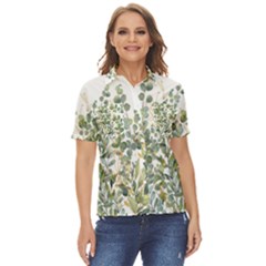 Gold And Green Eucalyptus Leaves Women s Short Sleeve Double Pocket Shirt