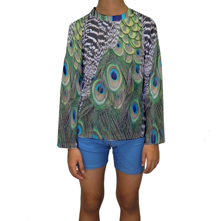 Peacock Bird Feather Colourful Kids  Long Sleeve Swimwear