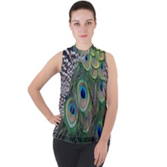 Peacock Bird Feather Colourful Mock Neck Chiffon Sleeveless Top