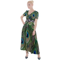 Peacock Bird Feather Colourful Button Up Short Sleeve Maxi Dress