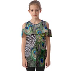 Peacock Bird Feather Colourful Fold Over Open Sleeve Top