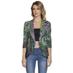 Peacock Bird Feather Colourful Women s 3/4 Sleeve Ruffle Edge Open Front Jacket