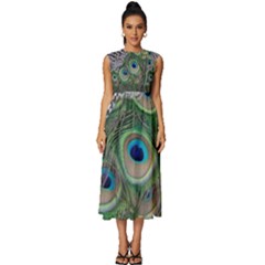 Peacock Bird Feather Colourful Sleeveless Round Neck Midi Dress