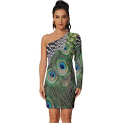 Peacock Bird Feather Colourful Long Sleeve One Shoulder Mini Dress by Jancukart