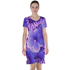 Pattern Floral Flora Flower Flowers Blue Violet Patterns Short Sleeve Nightdress