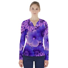 Pattern Floral Flora Flower Flowers Blue Violet Patterns V-neck Long Sleeve Top