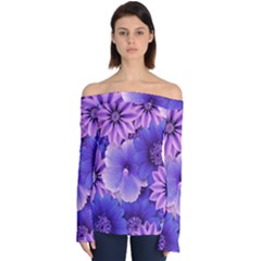 Pattern Floral Flora Flower Flowers Blue Violet Patterns Off Shoulder Long Sleeve Top by Jancukart