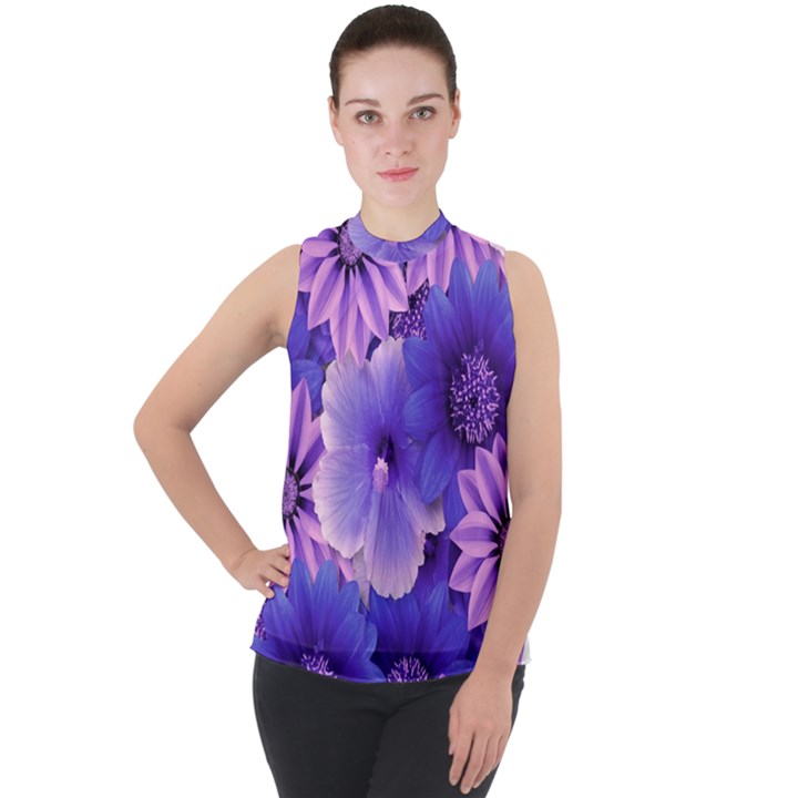 Pattern Floral Flora Flower Flowers Blue Violet Patterns Mock Neck Chiffon Sleeveless Top