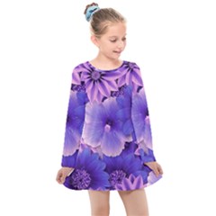 Pattern Floral Flora Flower Flowers Blue Violet Patterns Kids  Long Sleeve Dress