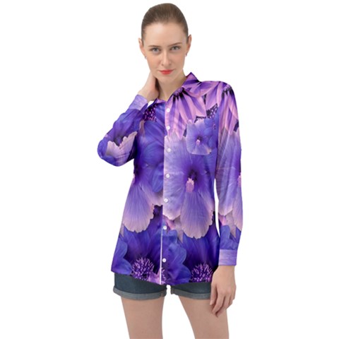 Pattern Floral Flora Flower Flowers Blue Violet Patterns Long Sleeve Satin Shirt by Jancukart