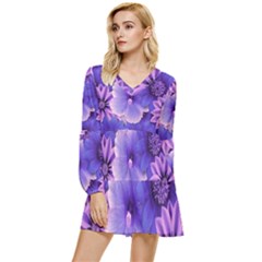 Pattern Floral Flora Flower Flowers Blue Violet Patterns Tiered Long Sleeve Mini Dress by Jancukart