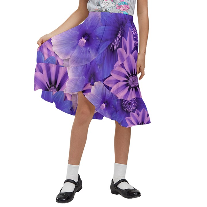 Pattern Floral Flora Flower Flowers Blue Violet Patterns Kids  Ruffle Flared Wrap Midi Skirt