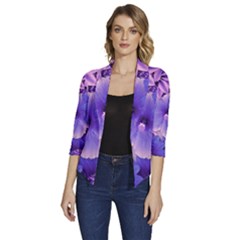 Pattern Floral Flora Flower Flowers Blue Violet Patterns Women s Draped Front 3/4 Sleeve Shawl Collar Jacket