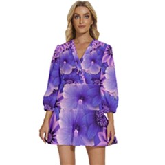 Pattern Floral Flora Flower Flowers Blue Violet Patterns V-neck Placket Mini Dress