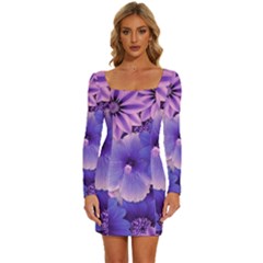 Pattern Floral Flora Flower Flowers Blue Violet Patterns Long Sleeve Square Neck Bodycon Velvet Dress