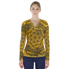 Mandala Vintage Painting Flower V-neck Long Sleeve Top by Jancukart