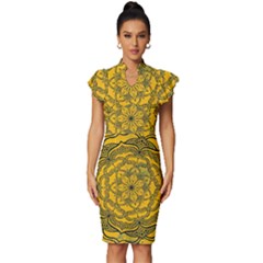 Mandala Vintage Painting Flower Vintage Frill Sleeve V-neck Bodycon Dress