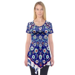 Art Pattern Design Blue Old Style Short Sleeve Tunic 