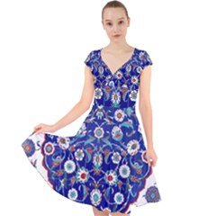 Art Pattern Design Blue Old Style Cap Sleeve Front Wrap Midi Dress