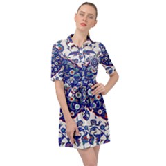 Art Pattern Design Blue Old Style Belted Shirt Dress