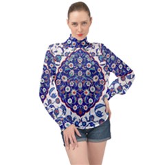 Art Pattern Design Blue Old Style High Neck Long Sleeve Chiffon Top by Jancukart