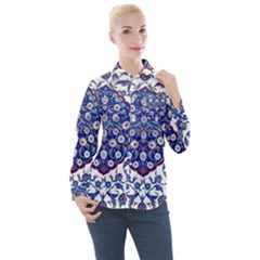 Art Pattern Design Blue Old Style Women s Long Sleeve Pocket Shirt