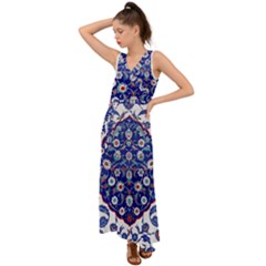 Art Pattern Design Blue Old Style V-neck Chiffon Maxi Dress