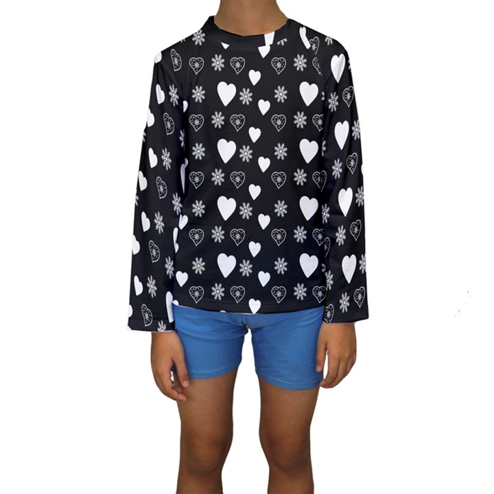 Hearts Snowflakes Black Background Kids  Long Sleeve Swimwear